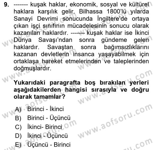 İnsan Hakları ve Demokratikleşme Süreci Dersi 2020 - 2021 Yılı Yaz Okulu Sınav Soruları 9. Soru