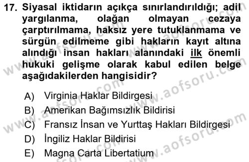 İnsan Hakları ve Demokratikleşme Süreci Dersi 2021 - 2022 Yılı (Vize) Ara Sınav Soruları 17. Soru