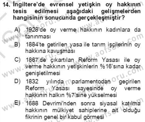 İnsan Hakları ve Demokratikleşme Süreci Dersi 2021 - 2022 Yılı (Final) Dönem Sonu Sınav Soruları 14. Soru