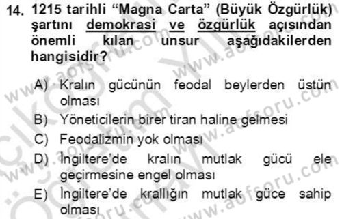 İnsan Hakları ve Demokratikleşme Süreci Dersi 2021 - 2022 Yılı Yaz Okulu Sınav Soruları 14. Soru