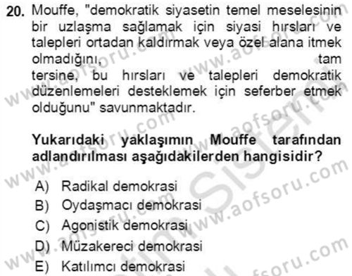 İnsan Hakları ve Demokratikleşme Süreci Dersi 2021 - 2022 Yılı Yaz Okulu Sınav Soruları 20. Soru