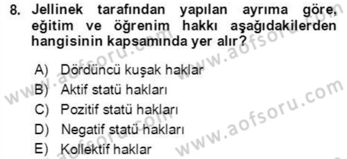 İnsan Hakları ve Demokratikleşme Süreci Dersi 2021 - 2022 Yılı Yaz Okulu Sınav Soruları 8. Soru