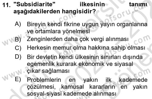 İnsan Hakları ve Demokratikleşme Süreci Dersi 2022 - 2023 Yılı (Final) Dönem Sonu Sınav Soruları 11. Soru