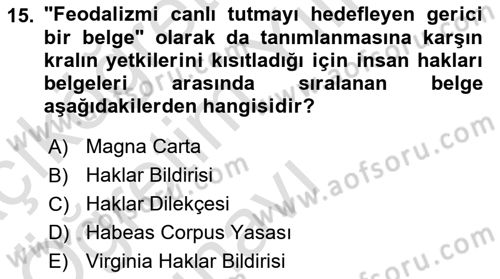 İnsan Hakları ve Demokratikleşme Süreci Dersi 2022 - 2023 Yılı Yaz Okulu Sınav Soruları 15. Soru