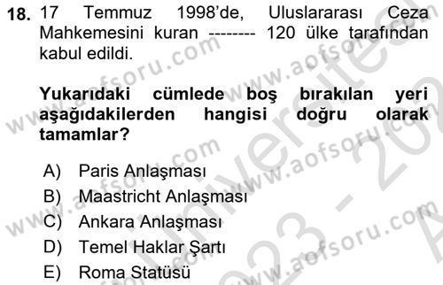 İnsan Hakları ve Demokratikleşme Süreci Dersi 2023 - 2024 Yılı (Vize) Ara Sınav Soruları 18. Soru