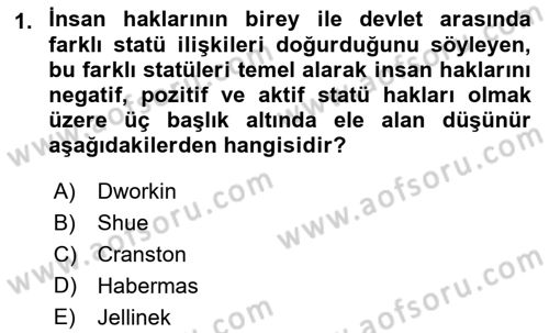 İnsan Hakları ve Demokratikleşme Süreci Dersi 2023 - 2024 Yılı (Final) Dönem Sonu Sınav Soruları 1. Soru