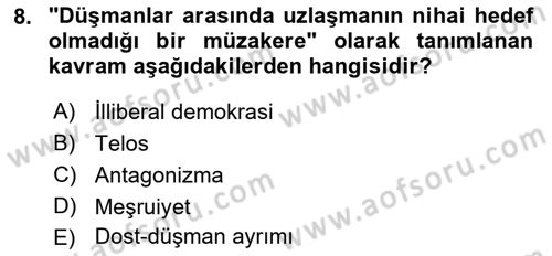 İnsan Hakları ve Demokratikleşme Süreci Dersi 2023 - 2024 Yılı (Final) Dönem Sonu Sınav Soruları 8. Soru