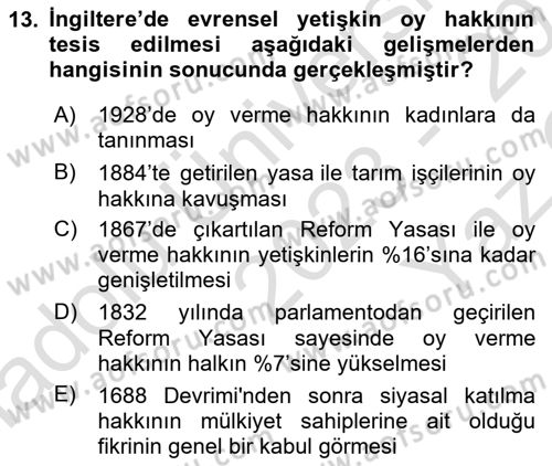 İnsan Hakları ve Demokratikleşme Süreci Dersi 2023 - 2024 Yılı Yaz Okulu Sınav Soruları 13. Soru