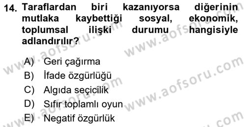 İnsan Hakları ve Demokratikleşme Süreci Dersi 2023 - 2024 Yılı Yaz Okulu Sınav Soruları 14. Soru