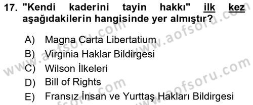 İnsan Hakları ve Demokratikleşme Süreci Dersi 2024 - 2025 Yılı (Vize) Ara Sınav Soruları 17. Soru