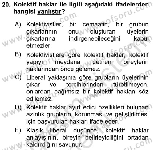 İnsan Hakları ve Demokratikleşme Süreci Dersi 2024 - 2025 Yılı (Vize) Ara Sınav Soruları 20. Soru