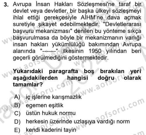 İnsan Hakları ve Demokratikleşme Süreci Dersi 2024 - 2025 Yılı (Vize) Ara Sınav Soruları 3. Soru