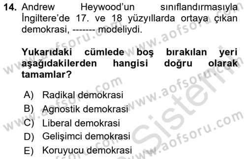 İnsan Hakları ve Demokratikleşme Süreci Dersi 2024 - 2025 Yılı (Final) Dönem Sonu Sınav Soruları 14. Soru