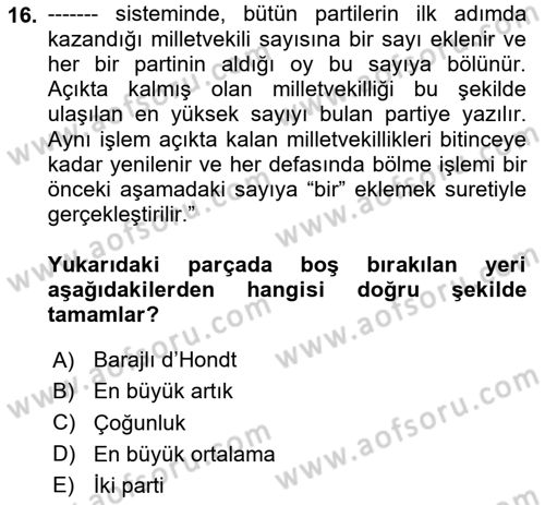 İnsan Hakları ve Demokratikleşme Süreci Dersi 2024 - 2025 Yılı Yaz Okulu Sınav Soruları 16. Soru