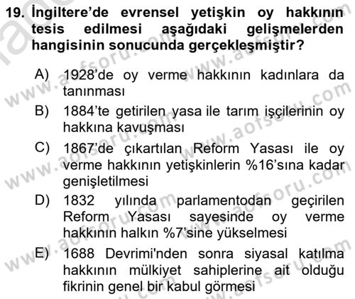İnsan Hakları ve Demokratikleşme Süreci Dersi 2024 - 2025 Yılı Yaz Okulu Sınav Soruları 19. Soru