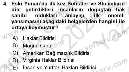 İnsan Hakları ve Demokratikleşme Süreci Dersi 2024 - 2025 Yılı Yaz Okulu Sınav Soruları 4. Soru