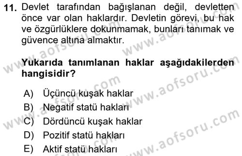 İnsan Hakları ve Demokratikleşme Süreci Dersi 2025 - 2026 Yılı (Vize) Ara Sınav Soruları 11. Soru