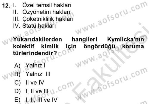 İnsan Hakları ve Demokratikleşme Süreci Dersi 2025 - 2026 Yılı (Vize) Ara Sınav Soruları 12. Soru