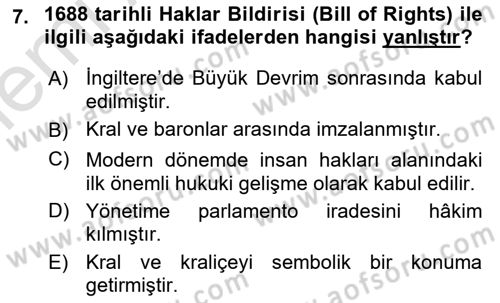 İnsan Hakları ve Demokratikleşme Süreci Dersi 2025 - 2026 Yılı (Vize) Ara Sınav Soruları 7. Soru