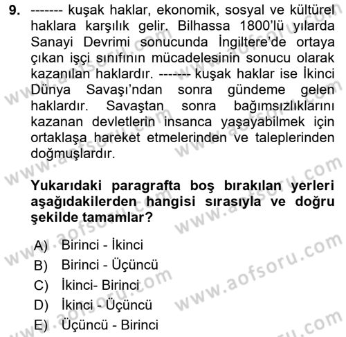 İnsan Hakları ve Demokratikleşme Süreci Dersi 2025 - 2026 Yılı (Vize) Ara Sınav Soruları 9. Soru