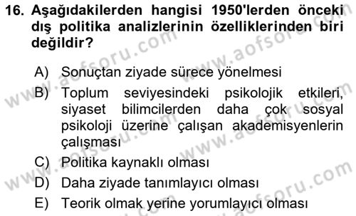 Diş Politika Analizi Dersi 2020 - 2021 Yılı Yaz Okulu Sınav Soruları 16. Soru