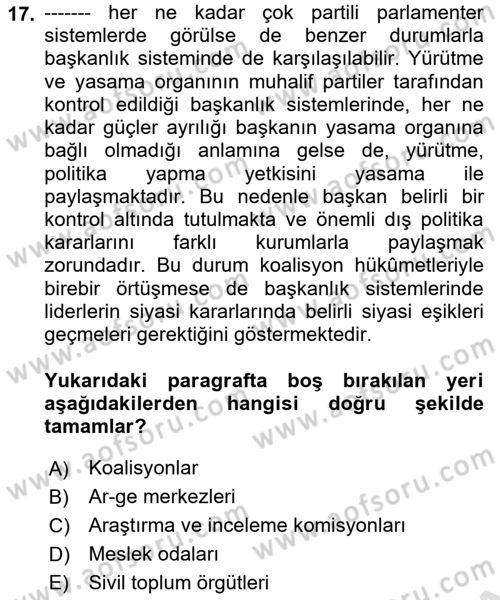 Diş Politika Analizi Dersi 2020 - 2021 Yılı Yaz Okulu Sınav Soruları 17. Soru