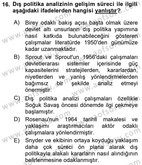 Diş Politika Analizi Dersi 2021 - 2022 Yılı (Vize) Ara Sınav Soruları 16. Soru