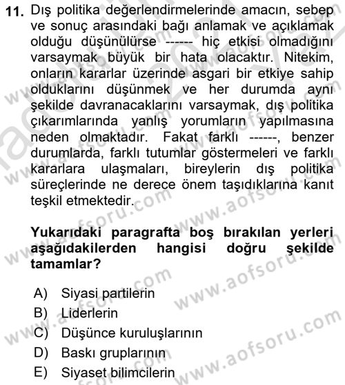 Diş Politika Analizi Dersi 2021 - 2022 Yılı Yaz Okulu Sınav Soruları 11. Soru