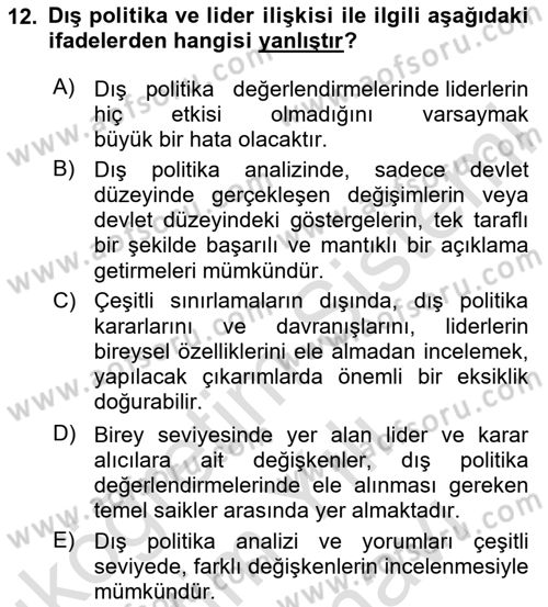 Diş Politika Analizi Dersi 2023 - 2024 Yılı (Vize) Ara Sınav Soruları 12. Soru