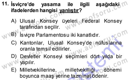 Karşılaştırmalı Siyasal Sistemler Dersi 2013 - 2014 Yılı (Final) Dönem Sonu Sınav Soruları 11. Soru