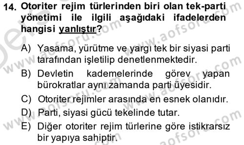 Karşılaştırmalı Siyasal Sistemler Dersi 2013 - 2014 Yılı Tek Ders Sınav Soruları 14. Soru