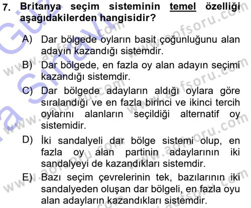 Karşılaştırmalı Siyasal Sistemler Dersi 2015 - 2016 Yılı (Vize) Ara Sınavı 7. Soru