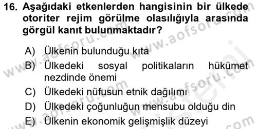 Karşılaştırmalı Siyasal Sistemler Dersi 2015 - 2016 Yılı Tek Ders Sınav Soruları 16. Soru