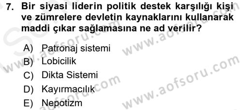 Karşılaştırmalı Siyasal Sistemler Dersi 2016 - 2017 Yılı (Final) Dönem Sonu Sınav Soruları 7. Soru