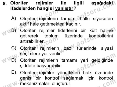 Karşılaştırmalı Siyasal Sistemler Dersi 2016 - 2017 Yılı (Final) Dönem Sonu Sınav Soruları 8. Soru