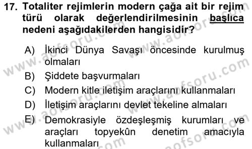 Karşılaştırmalı Siyasal Sistemler Dersi 2017 - 2018 Yılı 3 Ders Sınav Soruları 17. Soru