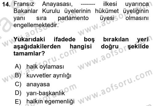 Karşılaştırmalı Siyasal Sistemler Dersi 2017 - 2018 Yılı (Vize) Ara Sınav Soruları 14. Soru