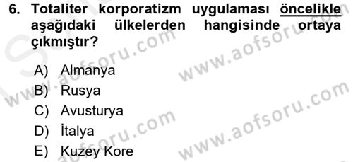 Karşılaştırmalı Siyasal Sistemler Dersi 2017 - 2018 Yılı (Final) Dönem Sonu Sınav Soruları 6. Soru