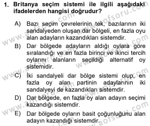 Karşılaştırmalı Siyasal Sistemler Dersi 2018 - 2019 Yılı (Vize) Ara Sınav Soruları 1. Soru