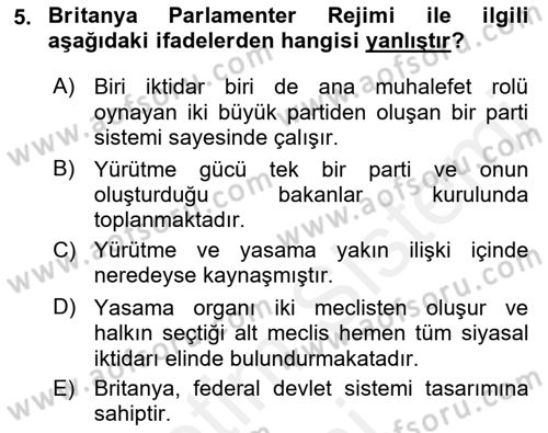 Karşılaştırmalı Siyasal Sistemler Dersi 2018 - 2019 Yılı (Vize) Ara Sınav Soruları 5. Soru