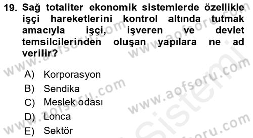 Karşılaştırmalı Siyasal Sistemler Dersi 2018 - 2019 Yılı (Final) Dönem Sonu Sınav Soruları 19. Soru