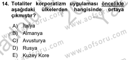 Karşılaştırmalı Siyasal Sistemler Dersi 2018 - 2019 Yılı Yaz Okulu Sınav Soruları 14. Soru