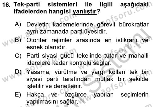 Karşılaştırmalı Siyasal Sistemler Dersi 2018 - 2019 Yılı Yaz Okulu Sınav Soruları 16. Soru