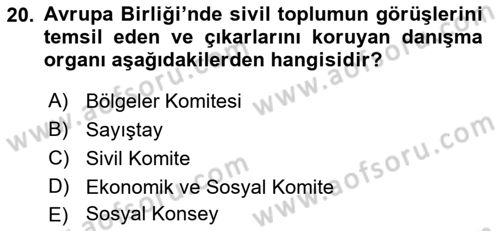 Karşılaştırmalı Siyasal Sistemler Dersi 2018 - 2019 Yılı Yaz Okulu Sınavı 20. Soru