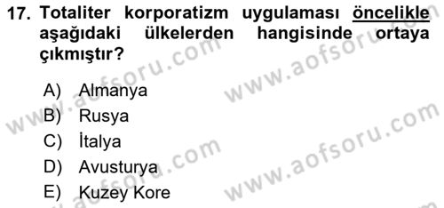 Karşılaştırmalı Siyasal Sistemler Dersi 2019 - 2020 Yılı (Final) Dönem Sonu Sınav Soruları 17. Soru