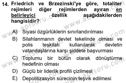 Karşılaştırmalı Siyasal Sistemler Dersi 2020 - 2021 Yılı Yaz Okulu Sınavı 14. Soru