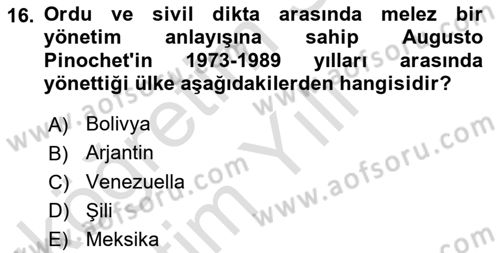 Karşılaştırmalı Siyasal Sistemler Dersi 2020 - 2021 Yılı Yaz Okulu Sınavı 16. Soru