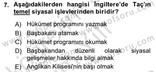 Karşılaştırmalı Siyasal Sistemler Dersi 2020 - 2021 Yılı Yaz Okulu Sınavı 7. Soru