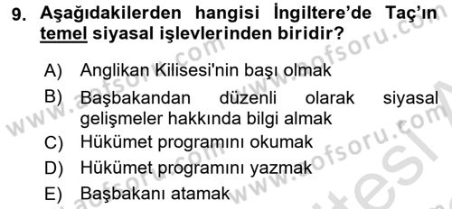 Karşılaştırmalı Siyasal Sistemler Dersi 2021 - 2022 Yılı (Vize) Ara Sınavı 9. Soru