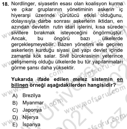 Karşılaştırmalı Siyasal Sistemler Dersi 2021 - 2022 Yılı Yaz Okulu Sınav Soruları 18. Soru